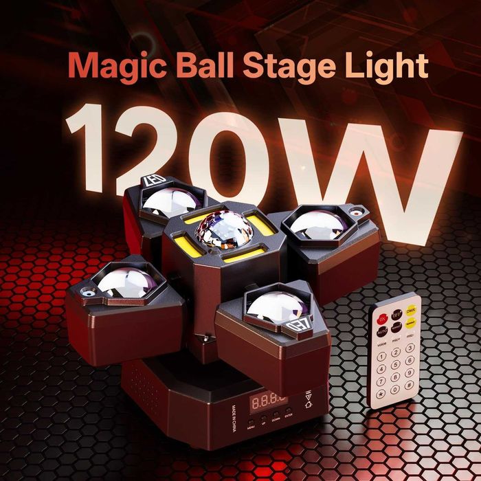 LED Disco Stroboscop 120 W, lumină de scenă cu telecomandă, lumină LED RGBW pentru petrecere cu 4 brațe luminoase, efect stroboscopic, DMX512,