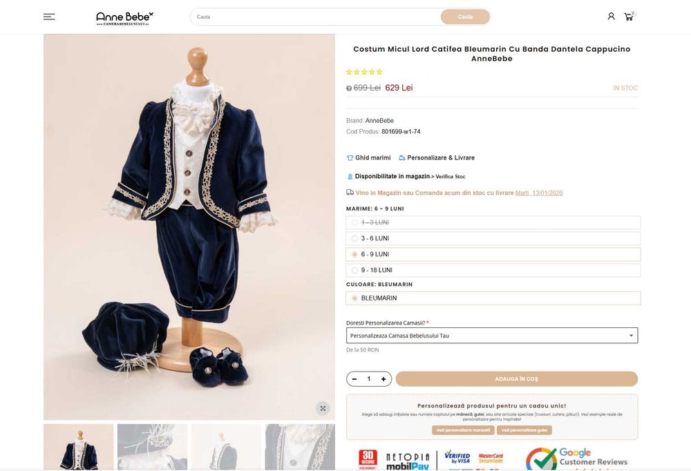 Costum Catifea Bleumarin Cu Dantela AnneBebe cadou bebelusi botez