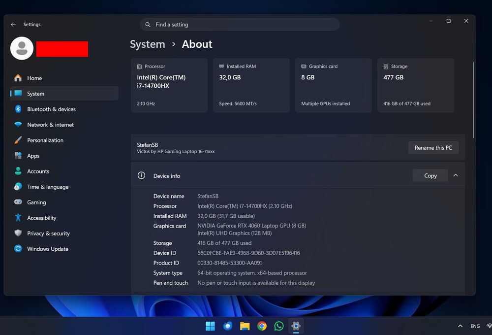 Геймърски Лаптоп HP Victus 16 i7-14700HX, RTX 4060, 32GB RAM