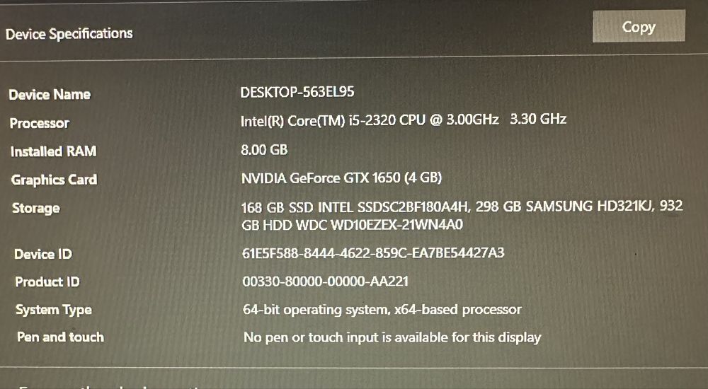 Vand PC 8GB RAM, GTX 1650, i5-2320