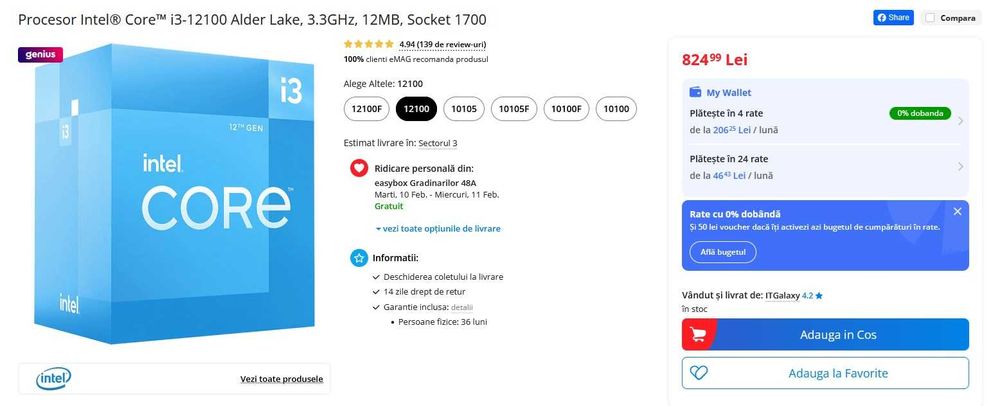 Intel i3 12100 (cu GPU integrat) si Cooler Intel Nefolosit