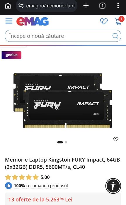64GB RAM DDR5 5600MHz CL40 Fury laptop so-dimm