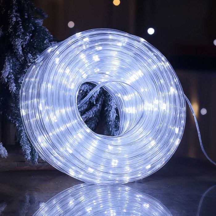 10м коледен LED маркуч студено бяла светлина+захранване 8 програми