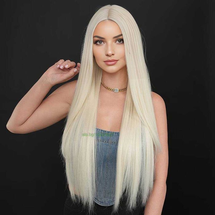 Перука 80 см - платинено светло руса, дълга права, синтетична, с път