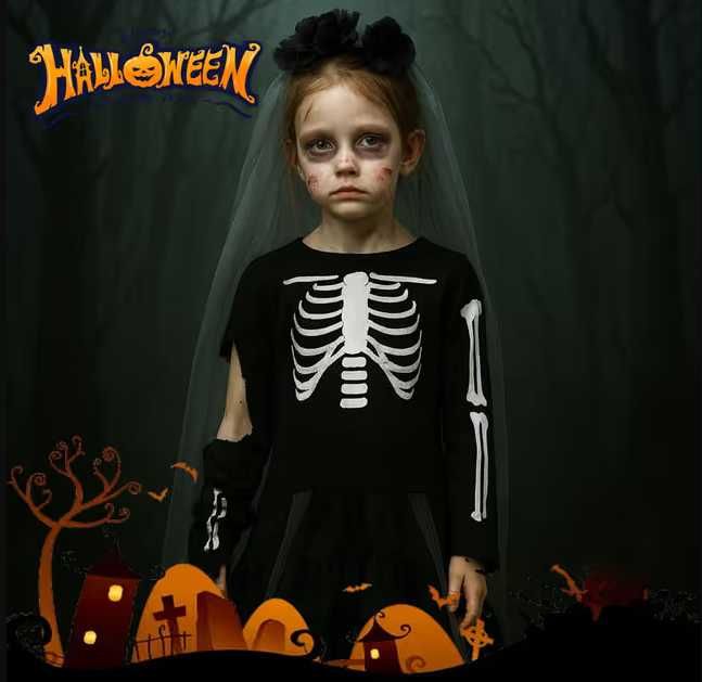 Costum Schelet Copii, mărimea M, Negru, set complet Halloween