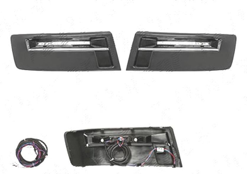 Set lumini de zi VW Transporter/Multivan (T5), 10.2009-2015, Taiwan, partea stanga+dreapta, LED; janta neagra; cu grila; cu cabluri; cu unitate control LED; tuning