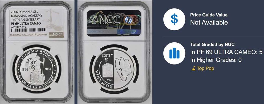 Moneda BNR 5 lei argint Academia Romana gradata NGC PF 69