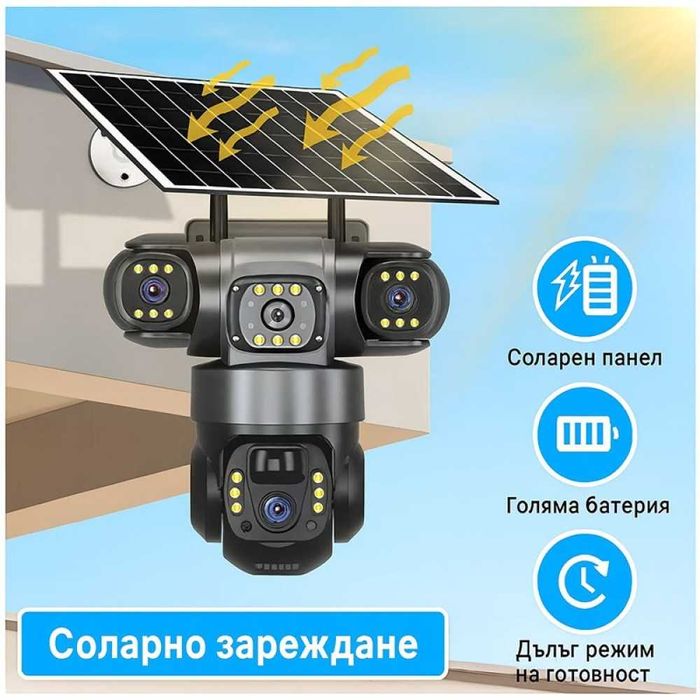 12MP HD Smart 4G Соларна Камера Три Обектива PTZ 3 Екранни PIR Камери