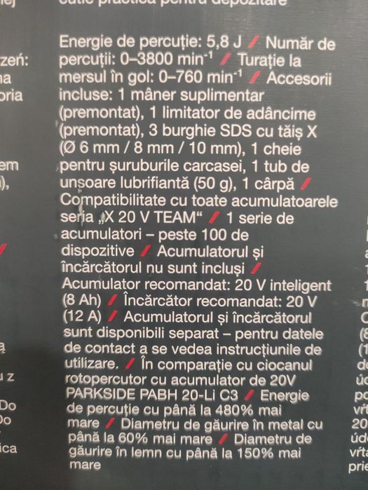 Rotopercutor 5,8 Jouli Parkside Performance pe acumulator de 20 V