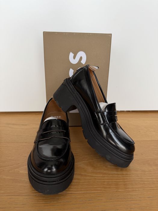 Mocasini BOSS Carol din piele, negri, cu talpă chunky