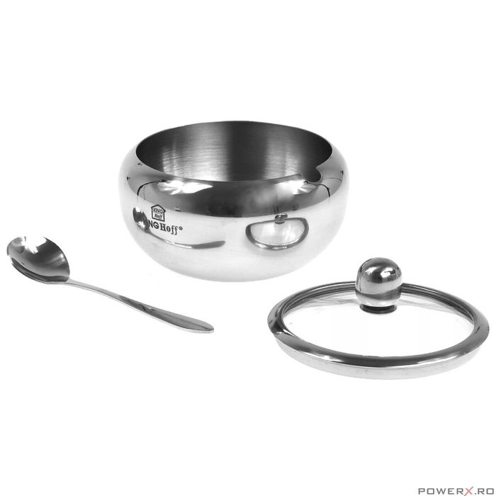 Recipient pentru zahar, sosuri, condimente, cu lingura si capac, inox,