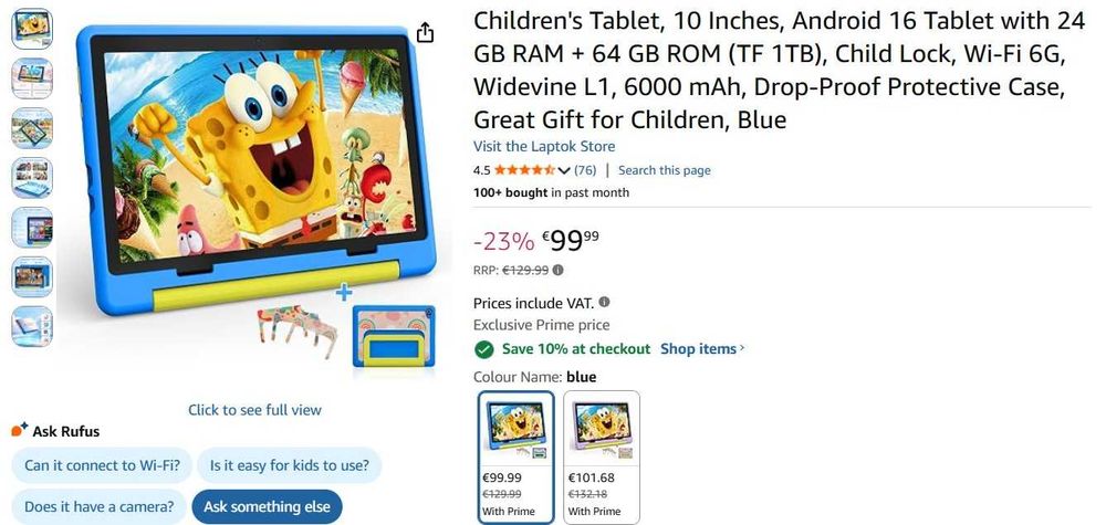 Tabletă pentru copii, 10 inch, Android 16 cu 3 GB RAM + 64 GB ROM (TF 1TB), Wi-Fi 6G, Widevine L1, 6000 mAh, husă de protecție rezistentă la căderi,