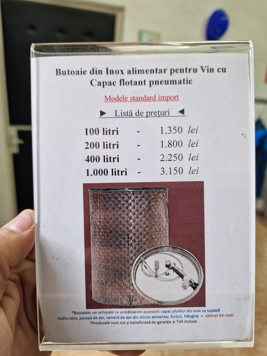 Butoi Inox Capac flotant pneumatic/Cisternă Inox 1.000 litri pt vin