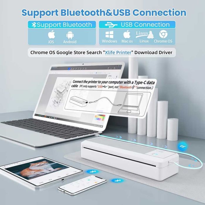 Imprimanta termica portabila vretti P83 A4 300 DPI Bluetooth Android iOS USB fara cerneala baterie 2600mAh travel office