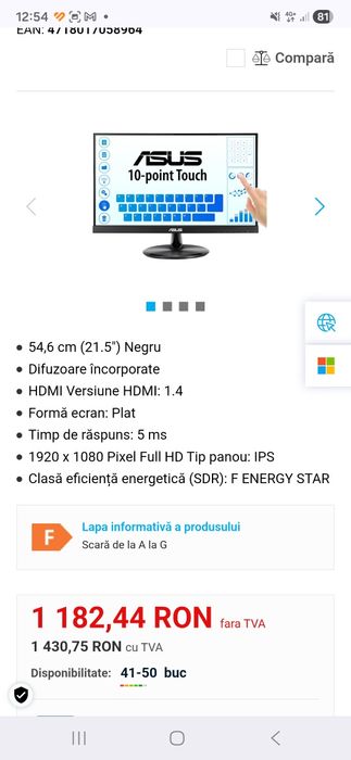 ASUS VT229H monitoare LCD 54,6 cm (21.5") 1920 x 1080 Pixel Full HD LED Ecran tactil Negru