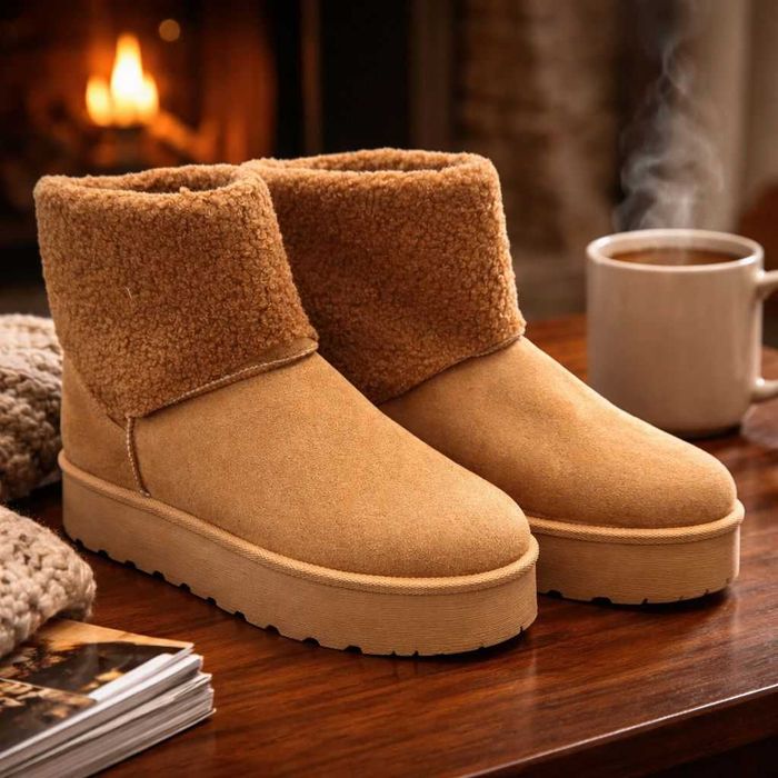 Botine tip UGG- cizme scurte îmblănite, culoare camel, confort termic