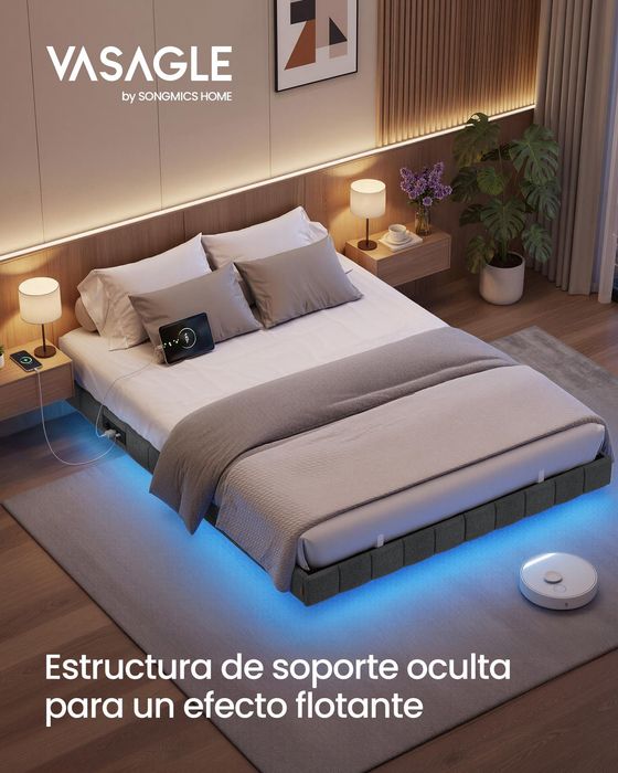 !ЛИКВИДАЦИЯ! Плаващо легло с LED осветление, 140 x 200 см, тапицирани ръбове, 2 контакта, USB-A и USB-C портове,