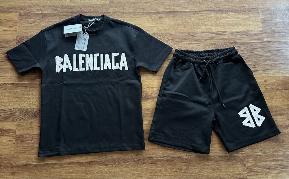 Мъжки,памучен,черен къс комплект Balenciaga с щампа на гърба