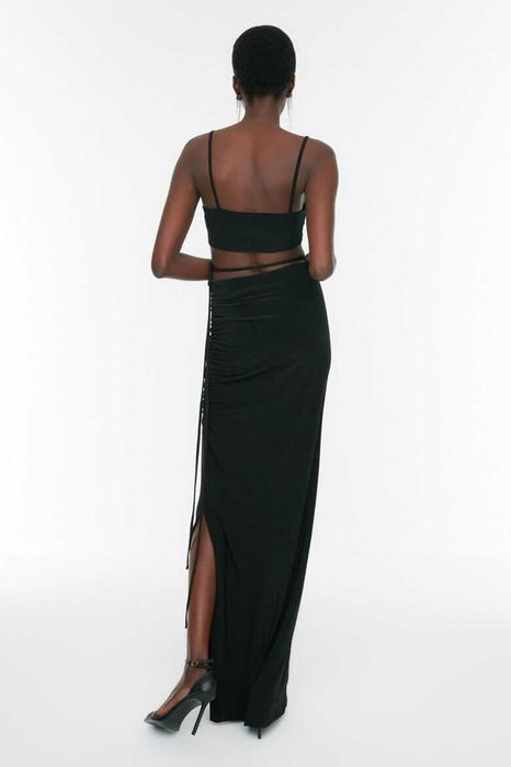 Set de fusta cu talie inalta si top crop - 2 piese