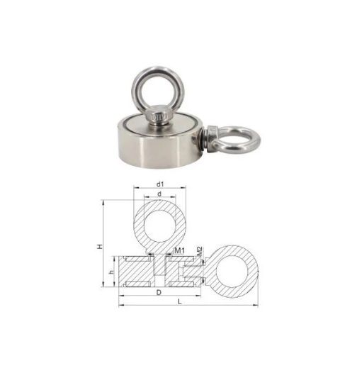 Magnet neodim oală D 75 mm cu două cârlige inelare și două fețe 200kg