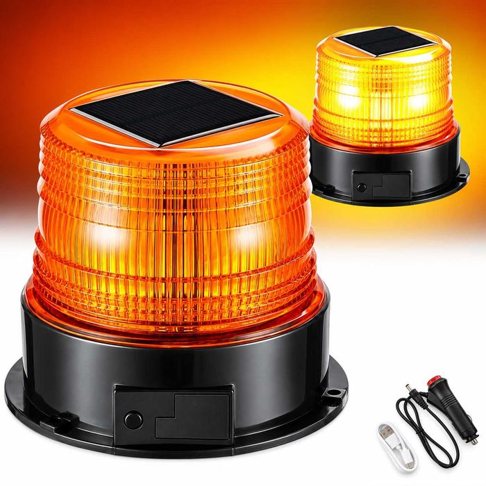 LED соларна аварийна лампа - буркан и маяк, оранжева, 18 LED, 4 режима, 12V, акумулаторна батерия, магнитен монтаж