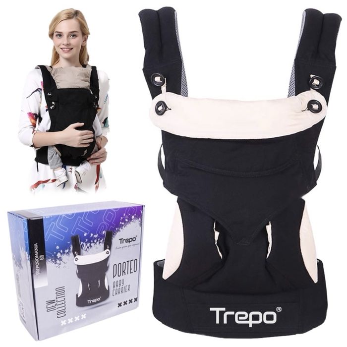 Marsupiu Ergonomic Trepo®, Port-bebe cu 3 pozitii de purtare, 100% bumbac, pana la 20 kg Negru