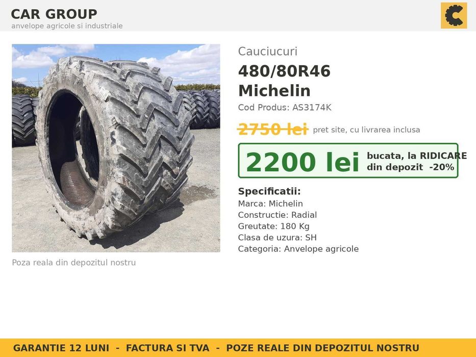 Cauciucuri 480/80R46 18.4R46 18.4-46 48080R46 Michelin ANVELOPE Tractor Prasit 2 BUCATI Radiale SH GARANTIE Factura TVA
