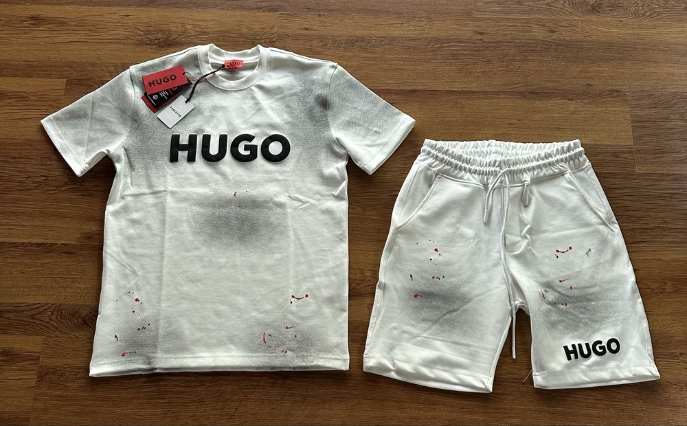 Мъжки,памучен,къс комплект Hugo BOSS с лого на гърба и отпред в бяло