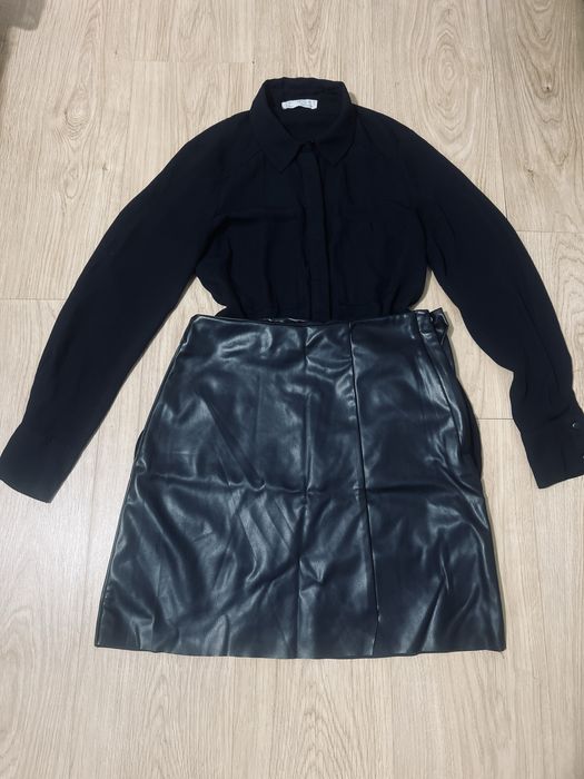 Fusta piele H&M si camasa neagra Primark