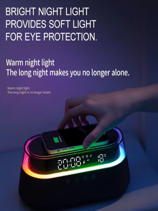 Беспроводная зарядка ,калонка,часы,будилник,FM-радио,RGB-подцветка