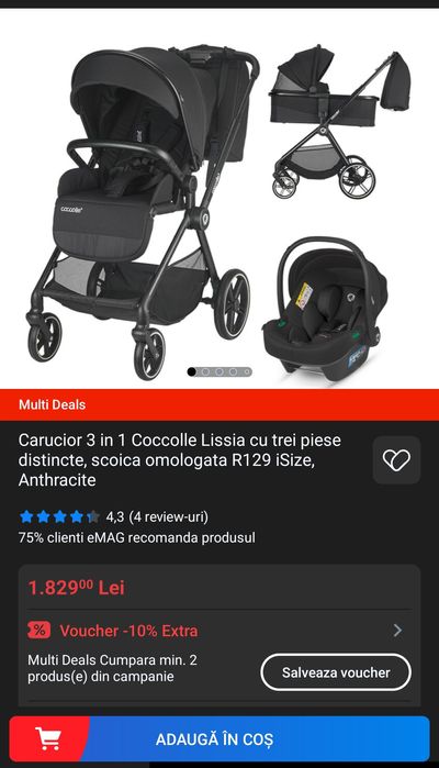 Carucior 3 in 1 Coccolle Lissia cu trei piese distincte, scoica omolog