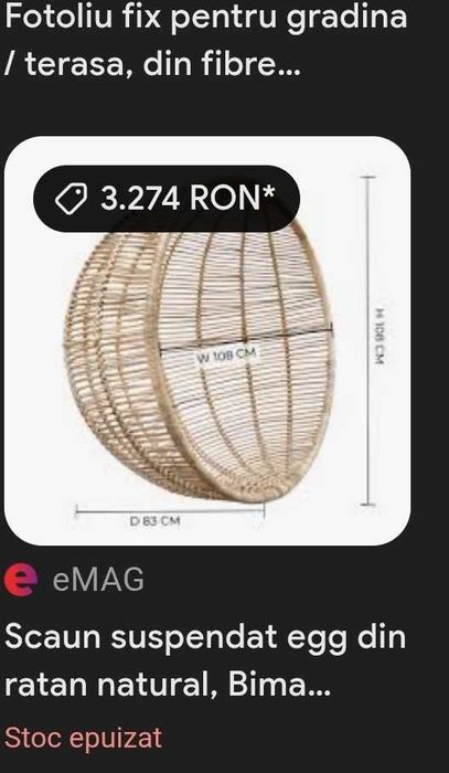 Fotoliu suspendat din ratan cu perna