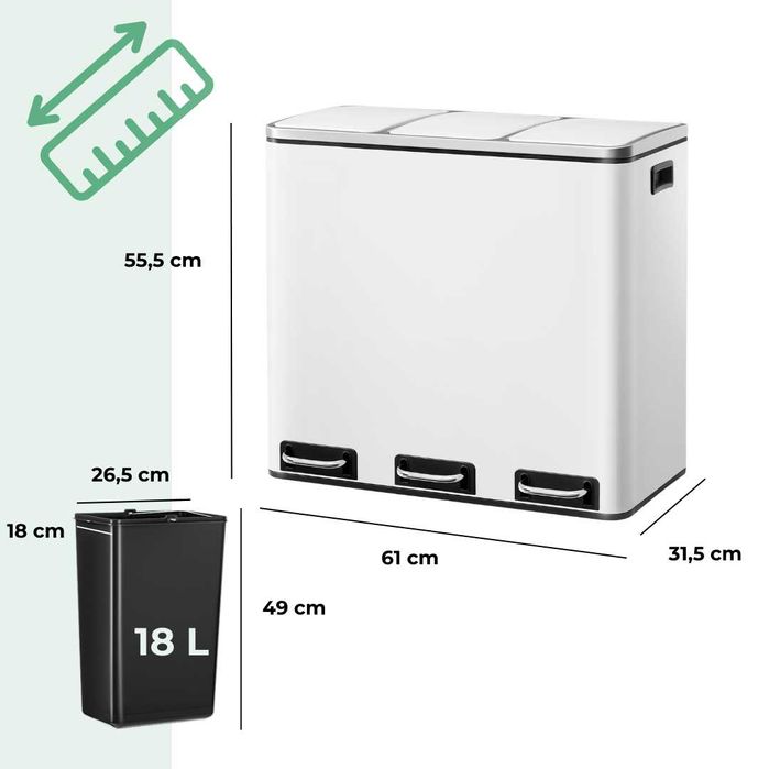 Cos de gunoi pentru reciclare SONGMICS, 3 compartimente, 3×18 L, alb