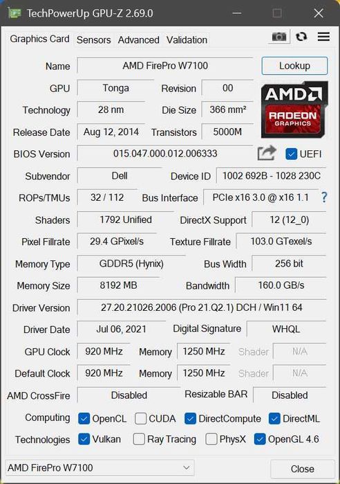 Видеокарта Dell AMD FirePro W7100 8GB GDDR5 256bit