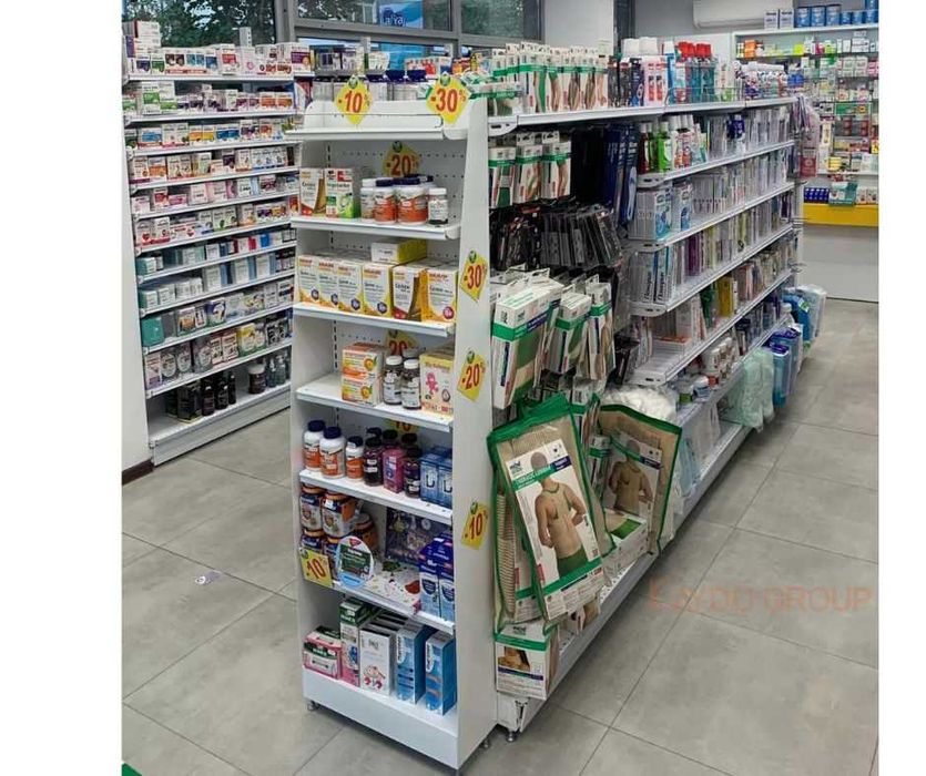 Метален стелаж, регал, промо за зоомагазин, аптека, дрогерия,козметика