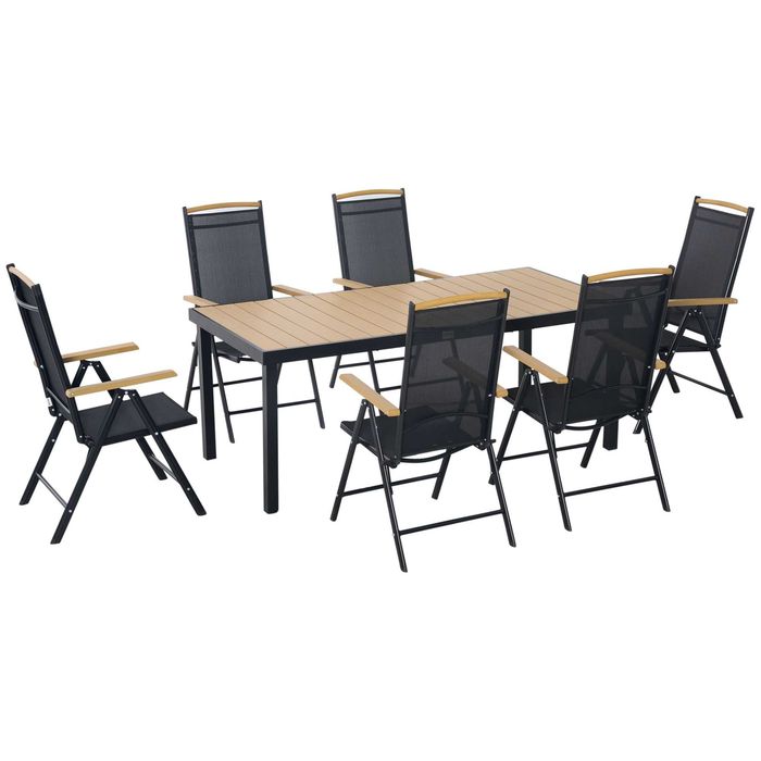 Outsunny Set Mobilier de Gradina si Terasa, 7 Piese, Masa cu Blat din Sticla si 6 Scaune Pliabile, Reglabile din Textilena, Rezistent la Intemperii