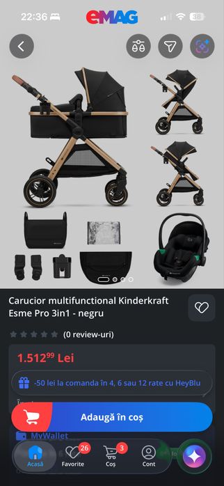 Carucior multifunctional Kinderkraft Esme Pro 3in1 - negru