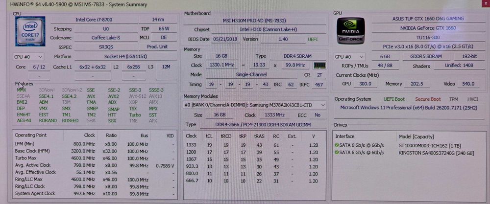 PC Gaming GTX 1660, I7 8700, 16gb, ssd 240+hdd 1Tb
