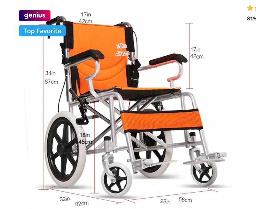 Vand Scaun cu rotile ultrausor, pliabil, sezut 45 cm, CML-203ABJ-16