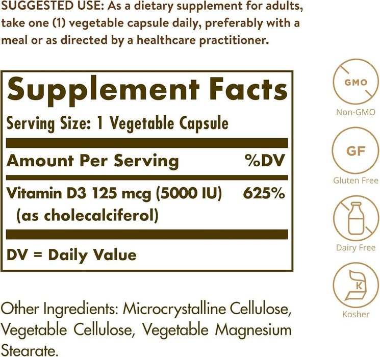 Solgar Vitamin D3 (Cholecalciferol) 125 mcg (5000 IU) 240 Veg Capsules