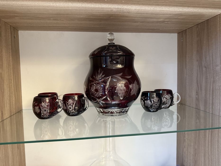 Set cristal Bohemia ruby – cristal tăiat manual | stare impecabilă