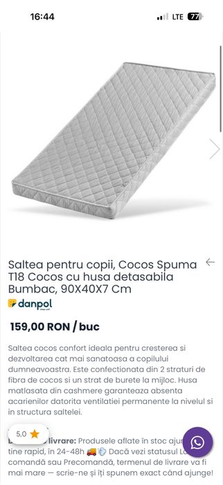 Patut Bebe din lemn masiv Woodies 90x40 , laterale reglabile, cu saltea cocos si cearsaf impermeabil
