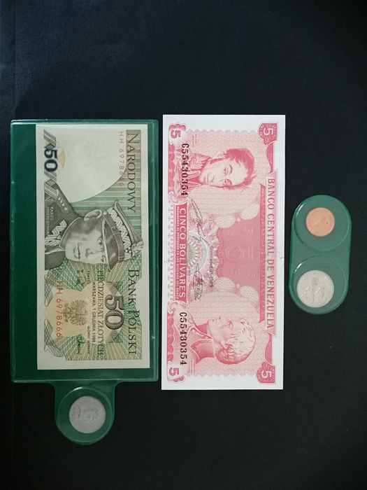 Lot de bancnote si monede colectie Venezuela Rwanda Polonia Uruguai