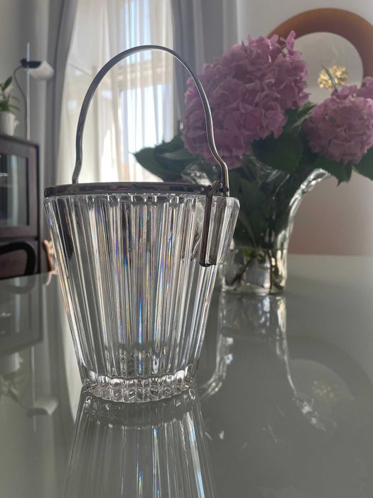 Ice Bucket, frapiera gheata din cristal prinderi argintate Mid Century