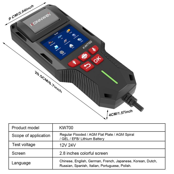 KONNWEI KW700 - Analizor / Tester BATERIE Auto 12V / 24V PROFESIONAL cu IMPRIMANTA integrata, Rating 10-2000 CCA, Capacitate 5-220 Ah - NOU / SIGILAT