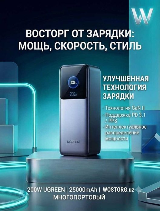 Power Bank UGREEN Nexode 25000mAh 200W с интеллектуальным дисплеем.