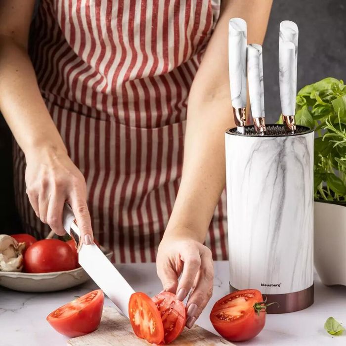 Set cutite din inox cu suport, 6 elemente, alb cu model maro, Kinghoff