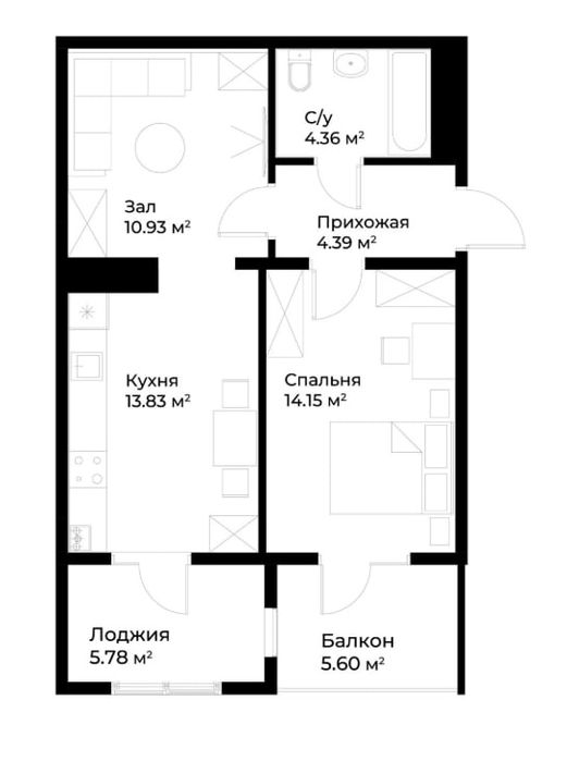 Квартира 1 комнатная 55м²  (застройщик Golden House)