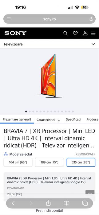 Sony BRAVIA 7 85” Mini LED 4K 120Hz K-85XR70, garanție 2027