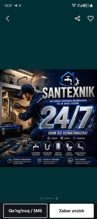 Santexnik xizmati 24/7 Toshkent shaxar bòylab xizmat ko'rsatamiz
Katyo